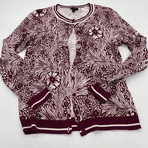 Talbots Women's Sweater Petite S Burgundy Floral Print Long Sleeves Button Up